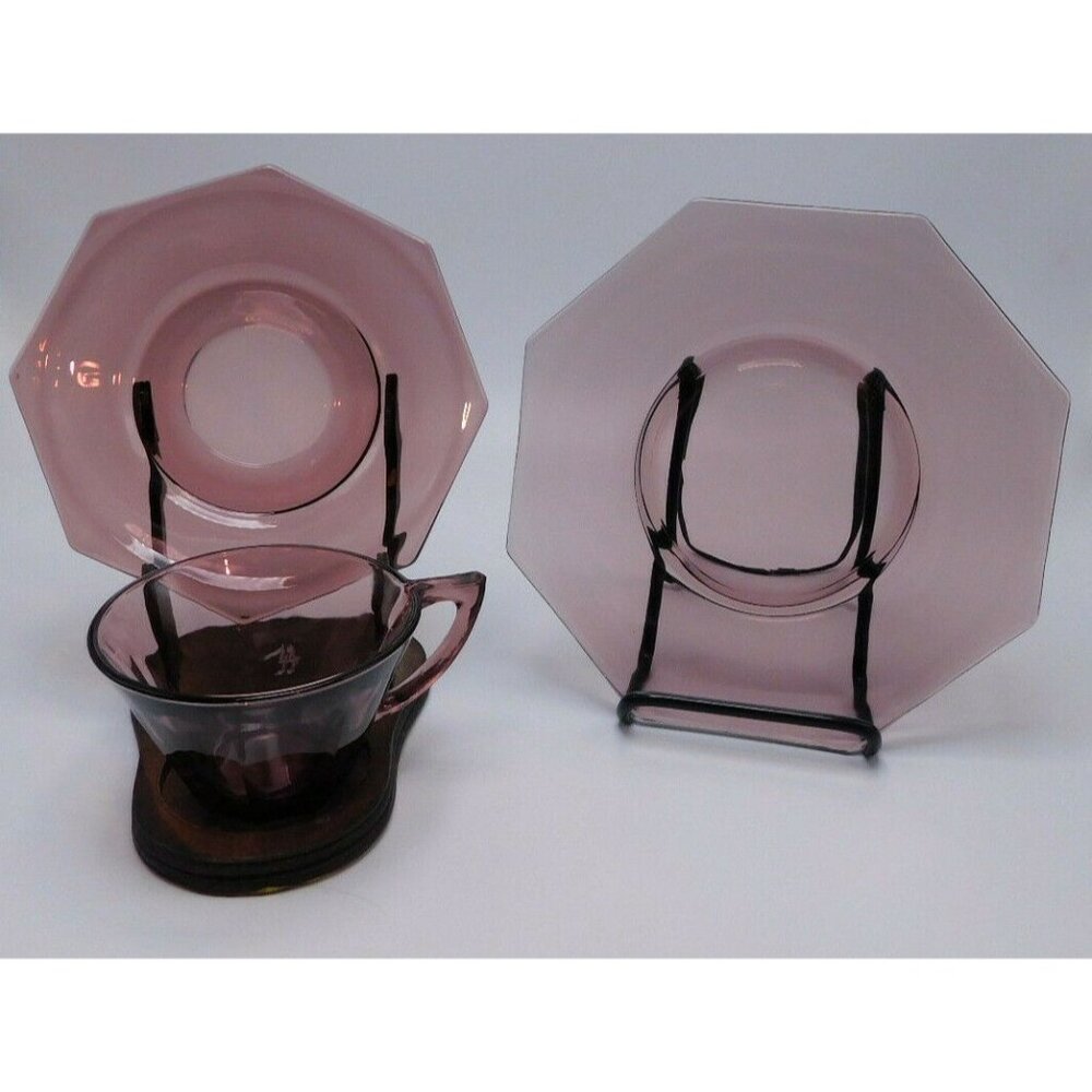 Hazel Atlas Moroccan Amethyst Octagonal Cup Saucer & Plate Trio Vintage Glasswar